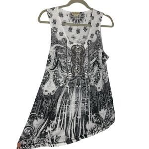 Live and Let Live Tank Top Size Large Black White Floral Embellished Pullover